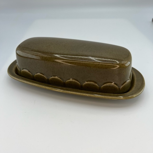Homer Laughlin Sheffield Granada Green Butter Dish 7” Vintage Scallop Lid 1970s - Picture 1 of 8
